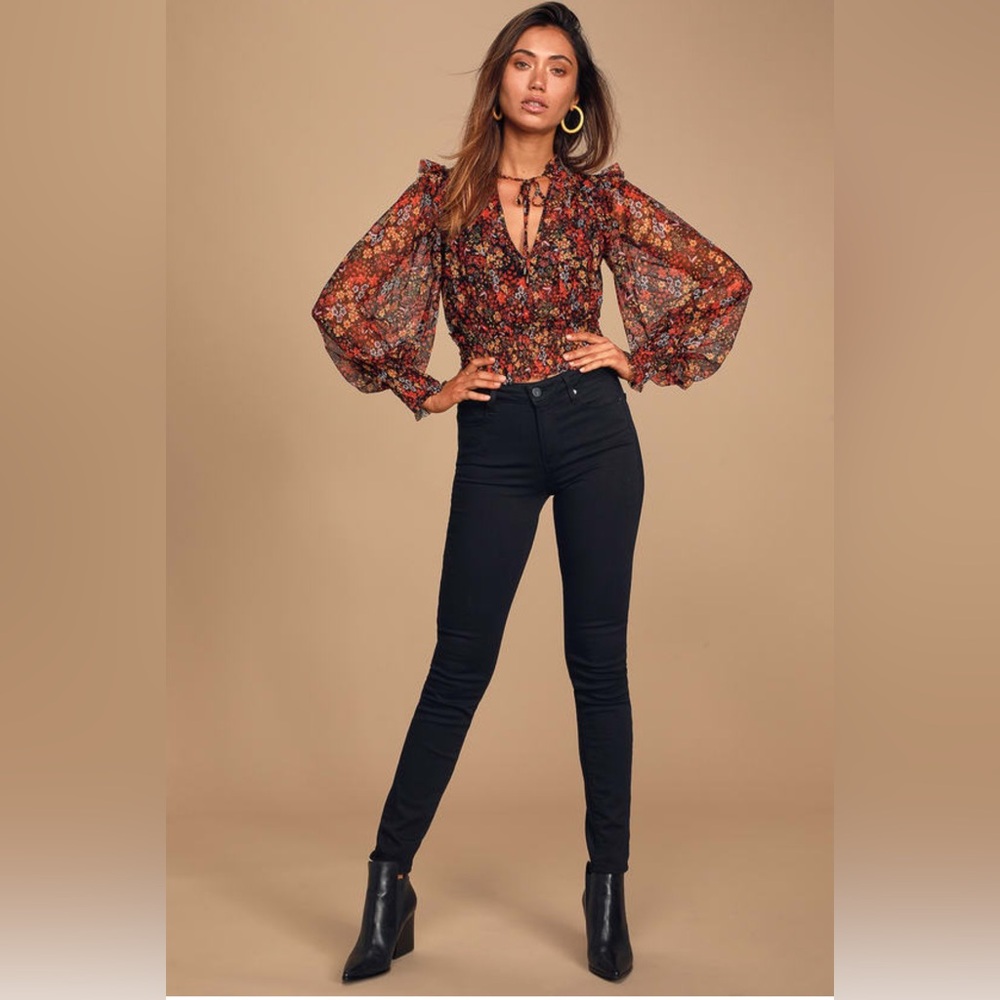 Free People Twyla Sheer Black Floral Print Smocked Long Sleeve Crop Top